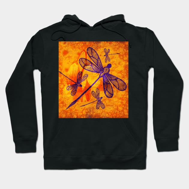 Navy-blue embroidered dragonflies on textured vivid orange background Hoodie by hereswendy